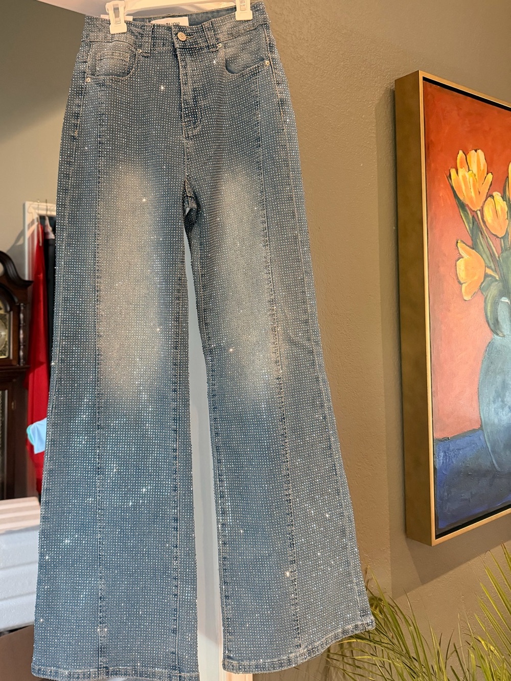 Embellished Light Blue Wide-Leg Jeans